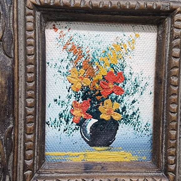 Antique Ornate Wooden Carved Picture Frame With Oil Painting 2x2.25" - Picture 2 of 13